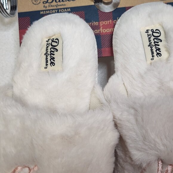Dluxe by Dearfoams Cream Plush Rubber Soled Super Mom Memory Foam Slippers Sz S - Picture 5 of 16